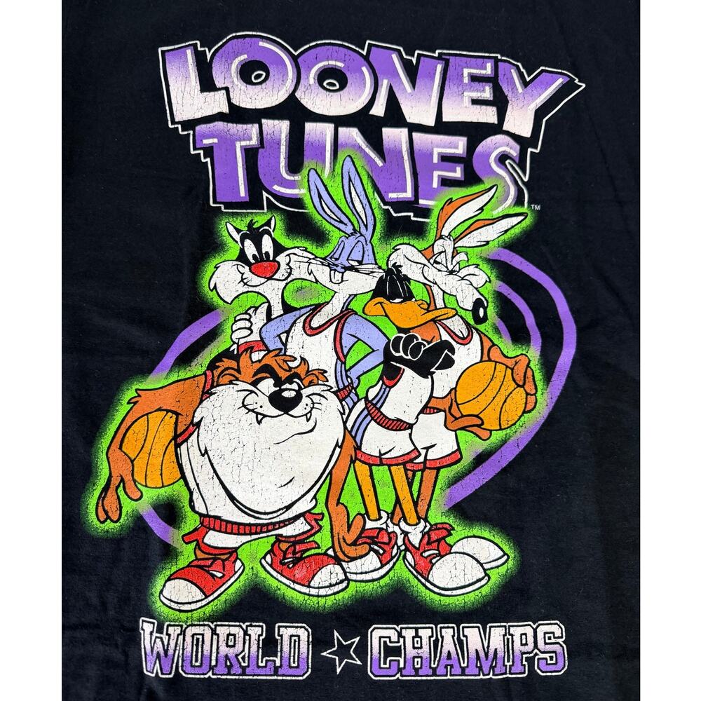 Looney Tunes World Champs Graphic Tee Black Neon Cartoon Shirt Medium NWOT